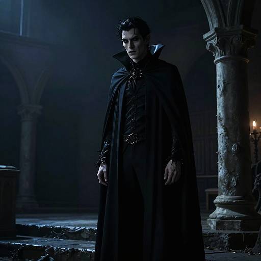 Photograph of a brooding vampire with pale skin, dark hair, sharp fangs, and a black cape, standing in a dimly lit,