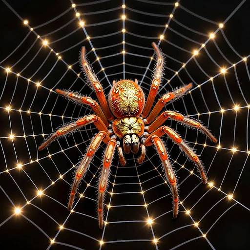 Digital illustration of a vibrant, red and black spider with spiny legs, centered on a glowing spiderweb against a dark background.