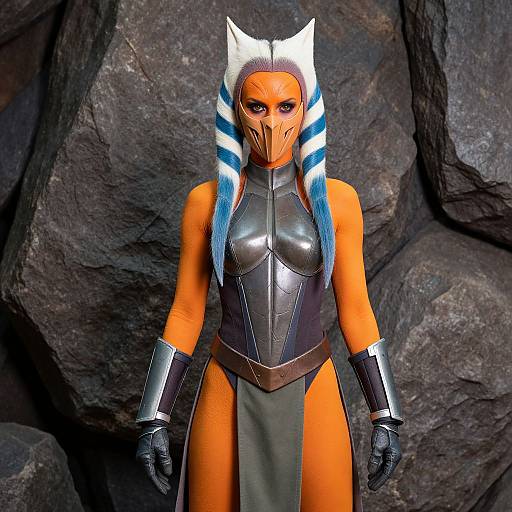 CGI image of an orange-skinned female Twi'lek warrior with white and blue head-tails, wearing metallic armor and gloves, standing against