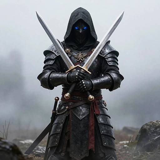 Hooded Armored Warrior with Dual Swords