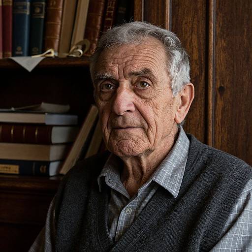 Photograph of an elderly man with gray hair, wrinkled face, wearing a gray checkered shirt and black vest, standing in front of a wooden