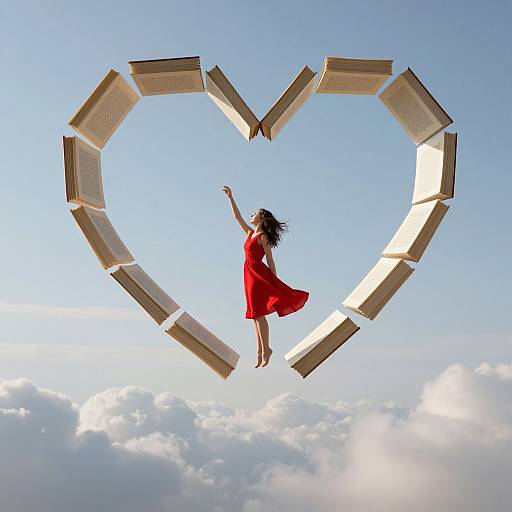 Photograph of a woman in a red dress, floating mid-air, surrounded by open books forming a heart shape against a bright blue sky with clouds below