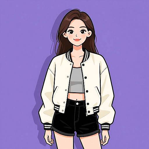 Digital anime-style illustration of a smiling young woman with long brown hair, wearing a white bomber jacket, gray crop top, and black shorts, against a