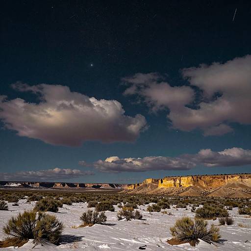 Photograph of a snowy desert landscape with scattered bushes, illuminated cliffs under a dark blue sky with fluffy white clouds.
