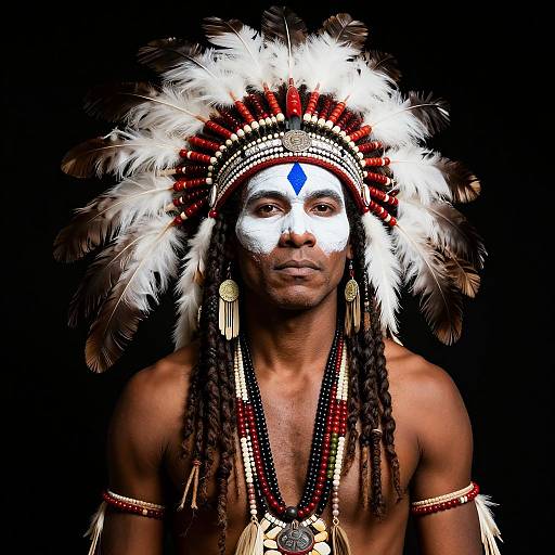 Photograph of a muscular, dark-skinned man with white face paint, wearing a large Native American headdress with white and red feathers, black and
