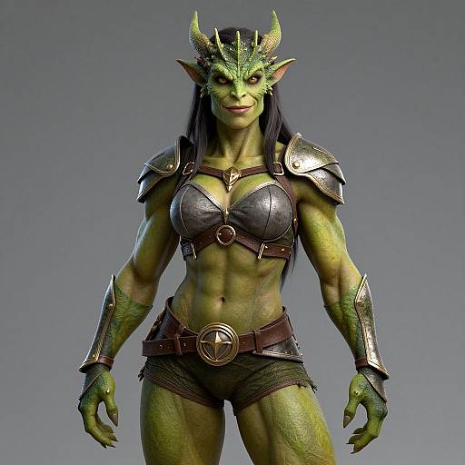 CGI fantasy character: muscular green-skinned orc woman with horned helmet, pointed ears, armored bra, shorts, and gauntlets, standing