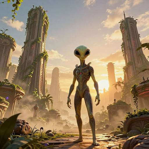 CGI alien standing in a futuristic, sunlit cityscape with towering, ivy-covered buildings, surrounded by lush greenery and mist. Bright,