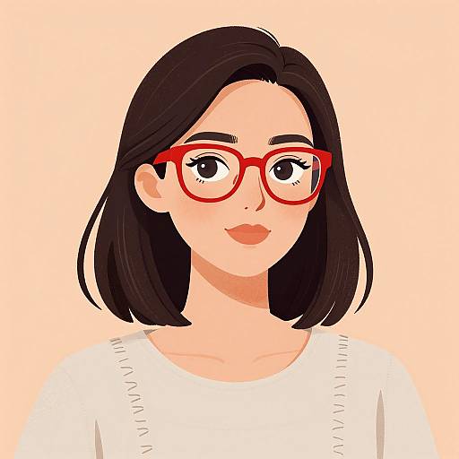 Digital illustration of a smiling woman with straight black hair, red glasses, and a white shirt, set against a peach background.