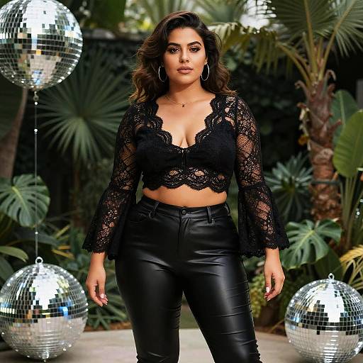 Confident Woman in Black Lace Crop Top and Faux Leather Pants