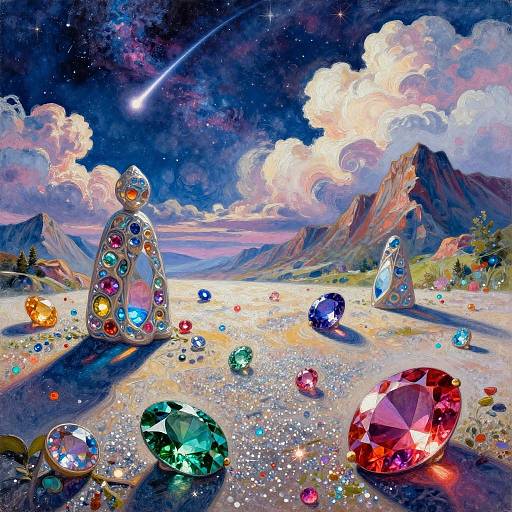 Digital painting of a starry sky landscape with two crystal humanoid figures adorned with colorful gemstones, surrounded by sparkling gems under a shooting star.