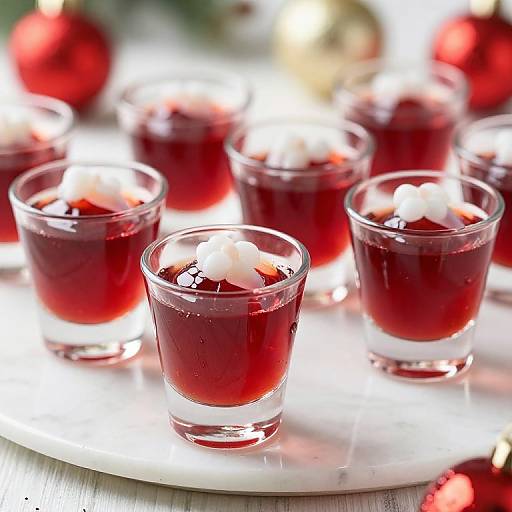 Photograph of seven clear glasses filled with red liquid, each topped with a white dollop, arranged on a white plate with blurred red ornaments in the