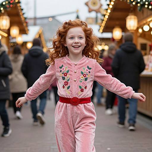 Cheerful Girl Dancing in Festive Market