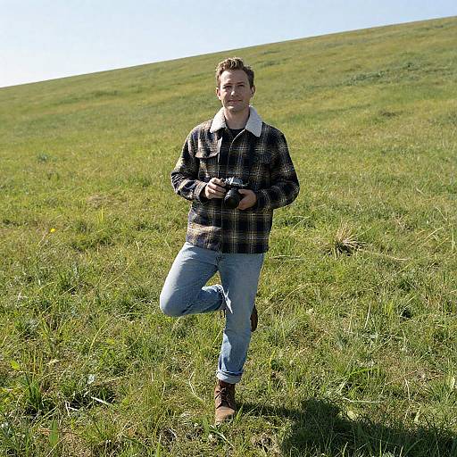 Smiling Photographer on Grassy Hilltop