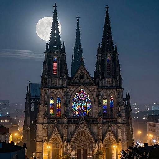 Photograph of a Gothic cathedral at night, illuminated by a full moon, with vibrant stained glass windows and city lights in the background.