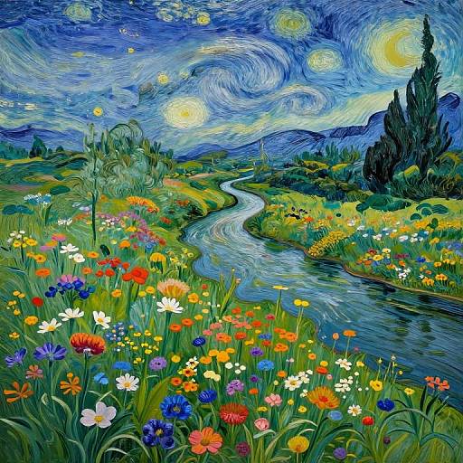 Vivid, swirling Starry Night-style digital painting of a colorful, flower-filled meadow with a winding river under a starry, moonlit sky