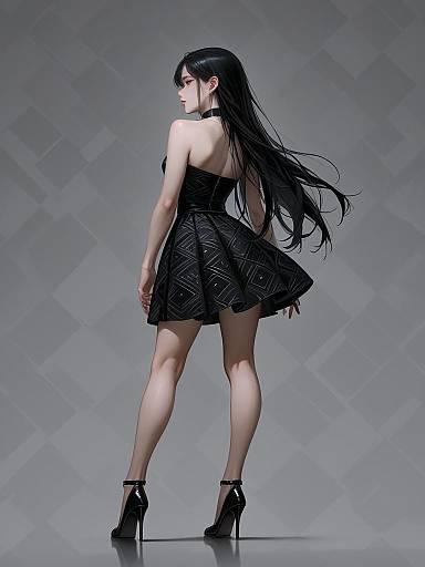 Digital anime-style drawing of a black-haired woman in a short, black, patterned dress and high heels, viewed from behind.
