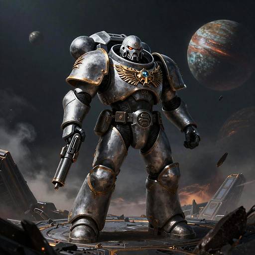 Runic Void-etched Space Marine Above Gas Giant