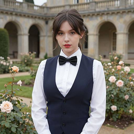 Photograph of a young woman with fair skin and dark hair in a black vest, white shirt, and black bow tie, standing in a garden with