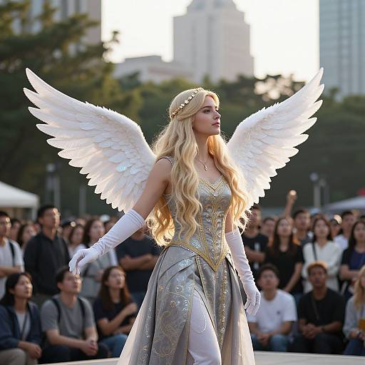 Woman in Angel Costume with White Wings in City Square