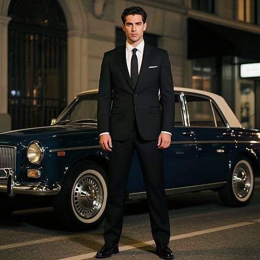 Photograph of a handsome, dark-haired man in a black suit and tie standing confidently in front of a classic blue Rolls-Royce at night.