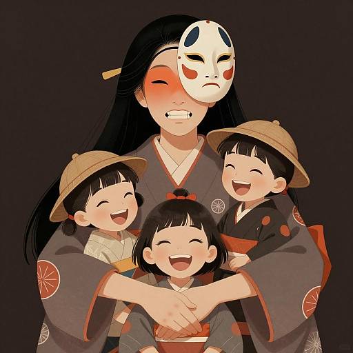 Japanese Woman with Children in Traditional Clothing