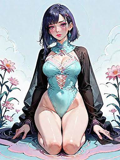 Stylish Anime Girl in High-Waisted Swimsuit and Beach Coverup