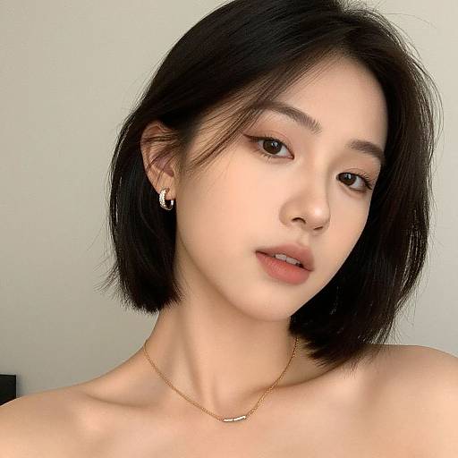 Photograph of an Asian woman with short black hair, light skin, brown eyes, wearing a gold necklace and earrings, looking slightly to the side against