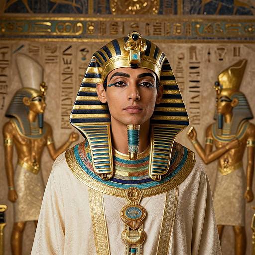 Photograph of an ancient Egyptian pharaoh, wearing a striped headdress, gold crown, and white robe, with golden statues in the background.