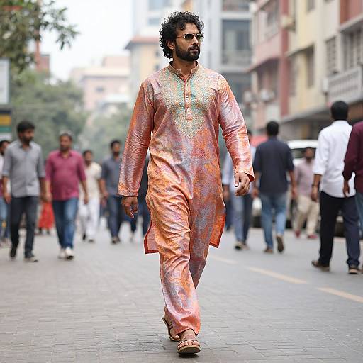 Photograph of a bearded South Asian man with curly black hair, wearing an ornate pink and orange traditional kurta, walking down a bustling urban