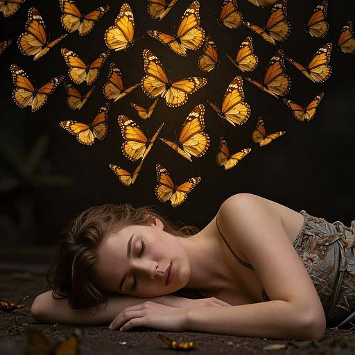 Photograph of a sleeping woman with closed eyes, wearing a strapless, lace dress, surrounded by glowing orange butterflies against a dark background.