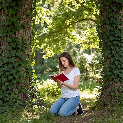 Photograph of a brunette woman in a white t-shirt and blue jeans, kneeling between ivy-covered trees, reading a red book in a sunlit