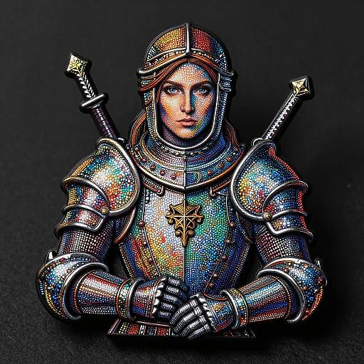 Digital art of a medieval knight with rainbow-colored armor, two swords crossed behind, hands clasped, dark background, pixelated texture.