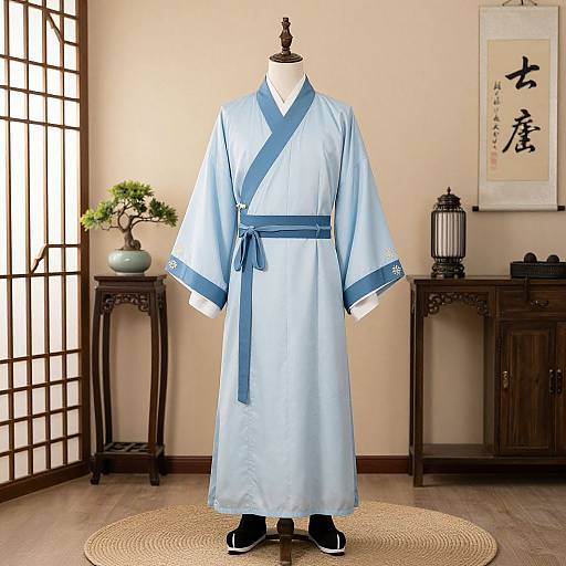Photograph of a blue kimono with white trim, displayed on a black mannequin in a traditional Japanese room. Background includes shoji screens,