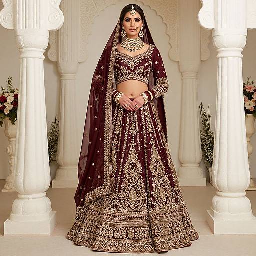 Photograph of a South Asian bride in a rich maroon, gold-embroidered lehenga with a matching dupatta, standing in an orn