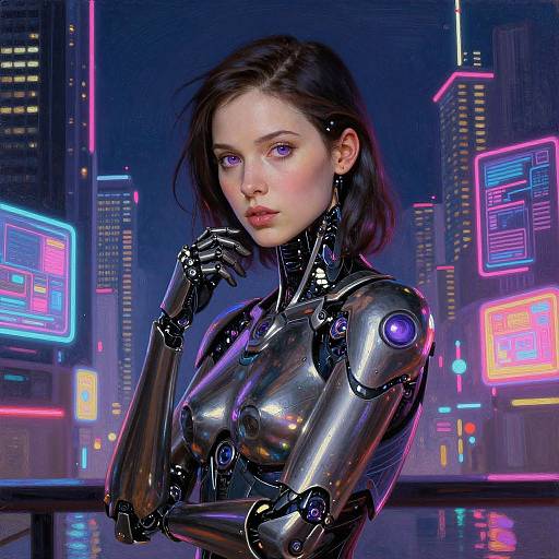 Digital art of a beautiful, cybernetic woman with purple eyes, black hair, and shiny metallic arms, standing in a neon-lit, futuristic