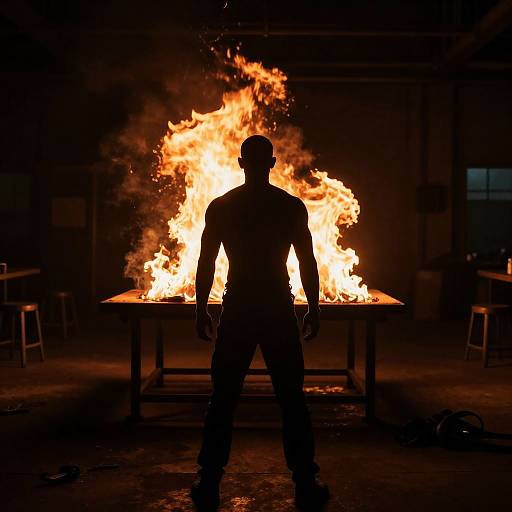 Dramatic Silhouette in Fiery Industrial Scene