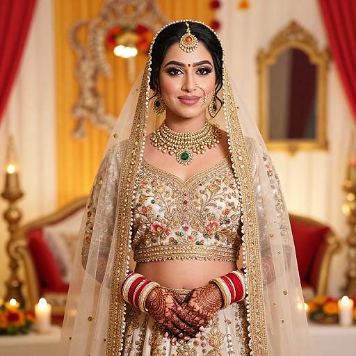 Photograph of a beautiful South Asian bride in an ornate gold and beige lehenga, veil, and jewelry, standing in a warmly lit, elegant