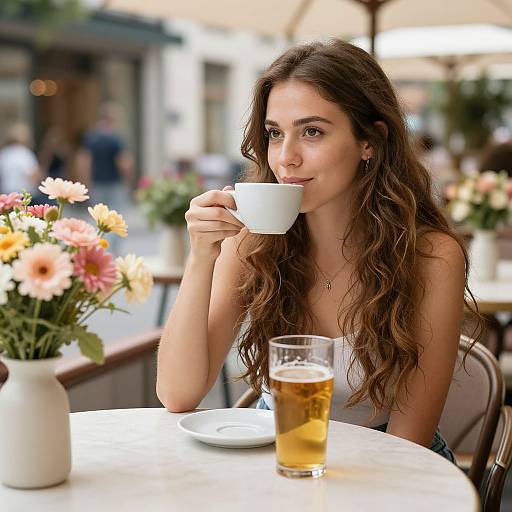 Photograph of a young woman with long, wavy brown hair, sipping from a white cup, seated at an outdoor café table with flowers,
