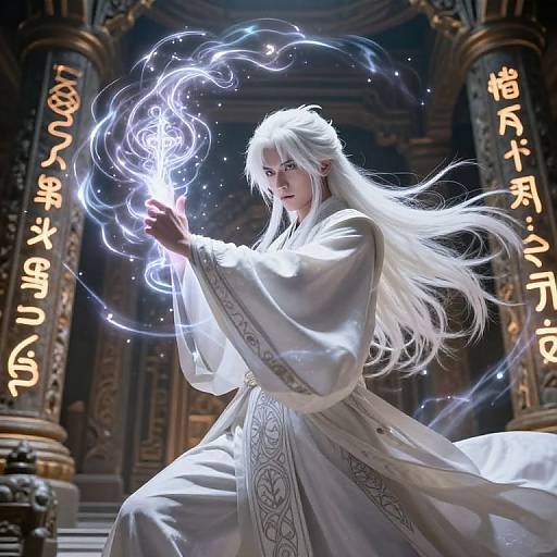 Digital artwork of a white-haired, white-robed mage conjuring glowing blue energy in a grand, ornate temple with Japanese text.