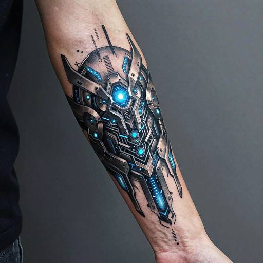 Photograph of a detailed, futuristic cybernetic tattoo on a forearm, featuring glowing blue lights and intricate black circuit designs against a dark background.