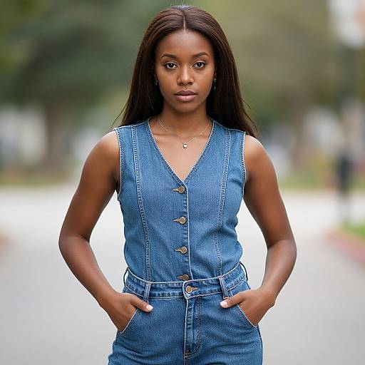 Photograph of a confident Black woman with long straight hair, wearing a sleeveless blue denim button-up jumpsuit, hands in pockets, standing on a