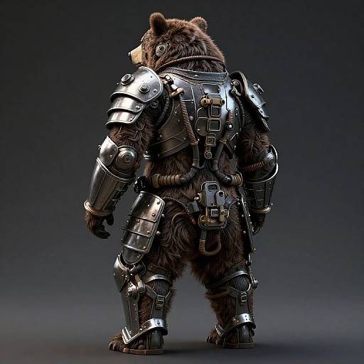 CGI image of a bear in detailed, shiny, medieval-style armor with intricate metalwork, standing against a dark gradient background.