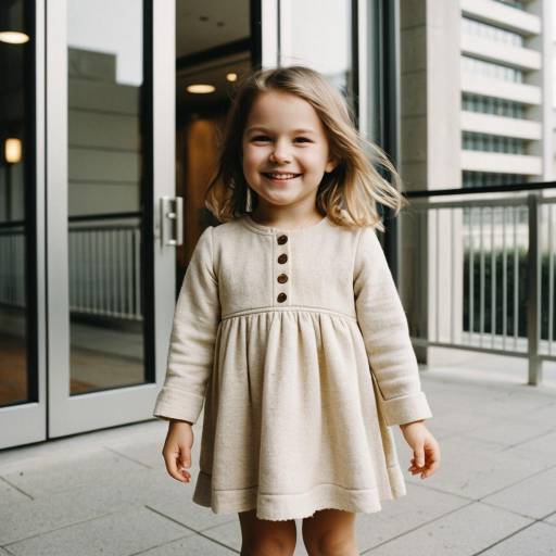 Smiling Toddler Girl in Beige Tunic Outdoors