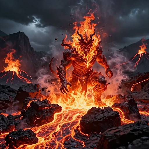 Digital artwork: Fiery, demonic figure with glowing red eyes, horns, and claws emerging from a volcanic landscape with molten lava and erupting mountains