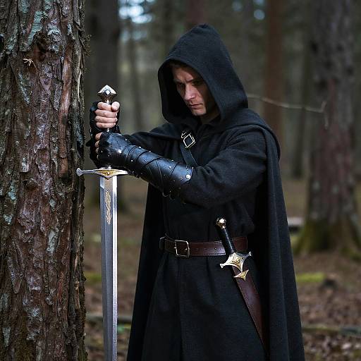 Medieval Warrior in Hooded Cloak Holding Sword