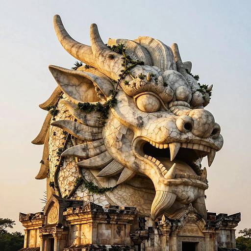 Photograph of a massive, detailed stone dragon sculpture with horns, sharp teeth, and vines, bathed in sunset light, standing atop an ancient temple