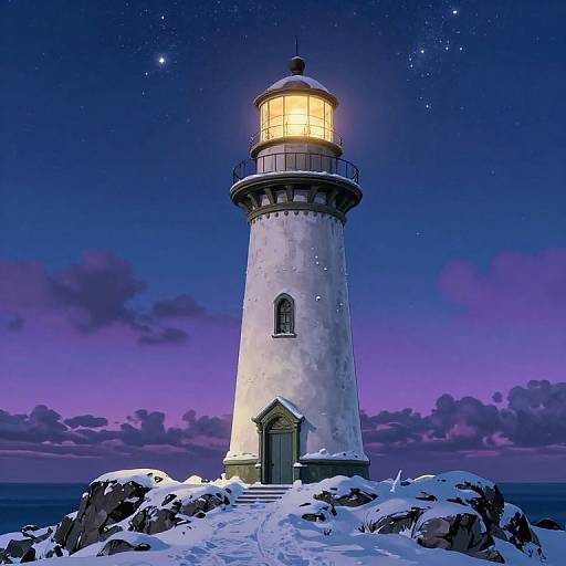 Photograph-style digital illustration of a snow-covered lighthouse glowing warmly, standing on rocky terrain under a starry, twilight sky.