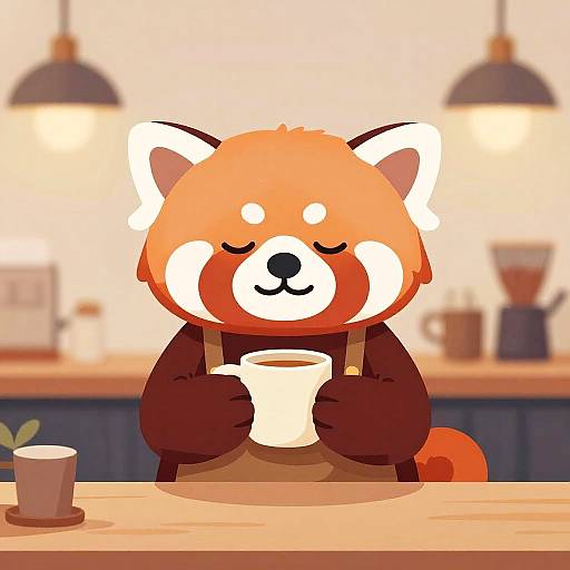 Cute digital cartoon of a red panda with closed eyes, holding a white coffee cup, sitting at a wooden table in a cozy café. Warm lighting