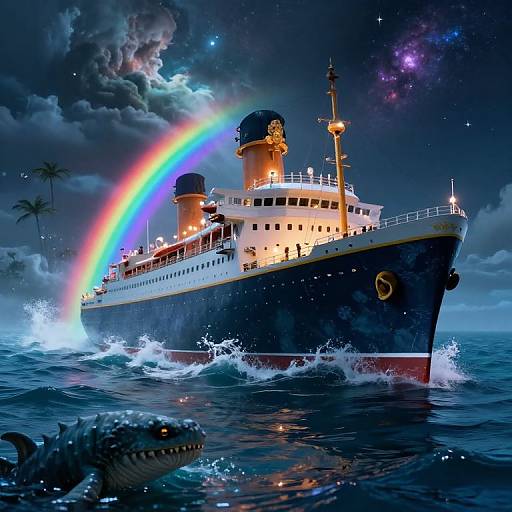 Digital painting of a grand ocean liner with a vibrant rainbow arching over it, surrounded by dark, starry skies and ocean waves, with a shark