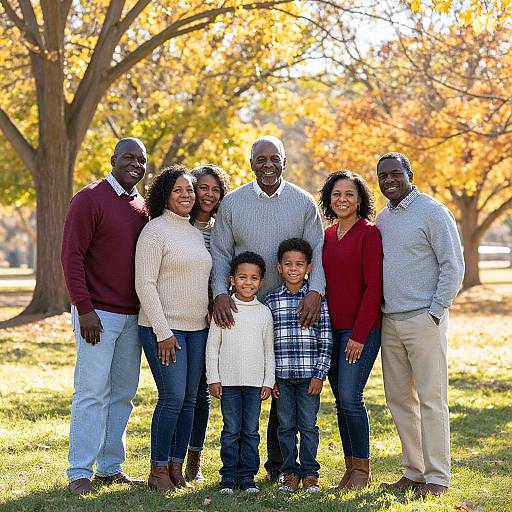 Photograph of multi-racial, seven-member family posing outdoors in autumn park with sunlit trees. Family members wear casual autumn clothes, smiling, standing